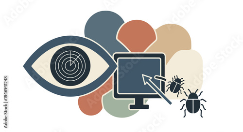 Computer screen with eye and bugs.