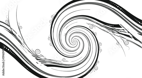Abstract black and white spiral wave background with elegant floral swirls, decorative flowing lines, artistic vortex elements, and creative curved ornaments for modern design.