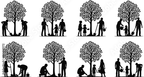 Family planting tree silhouettes collection with parents and children gardening together environmental conservation concept black vector illustration set