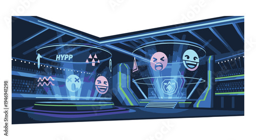 Futuristic Space Station Interior with Emoticons.