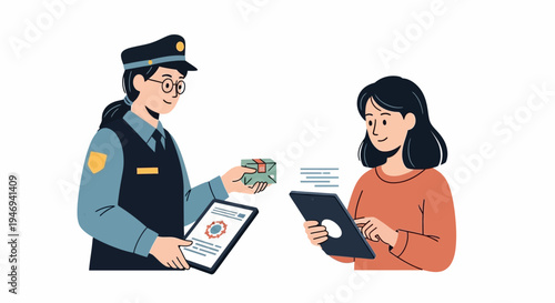 Police officer giving woman documents.