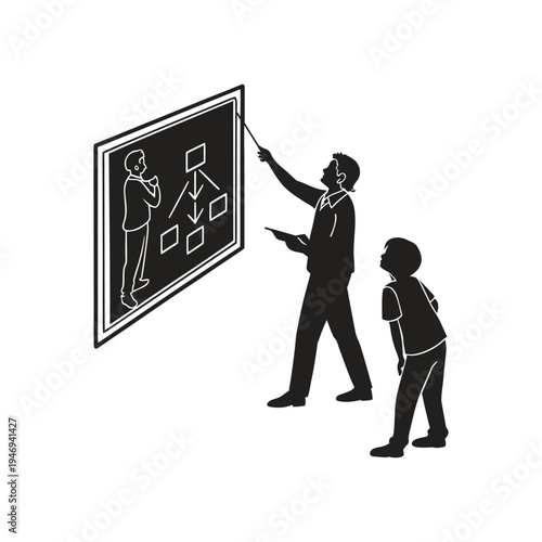 Teacher explaining a flowchart diagram clearly to a student during a classroom lesson