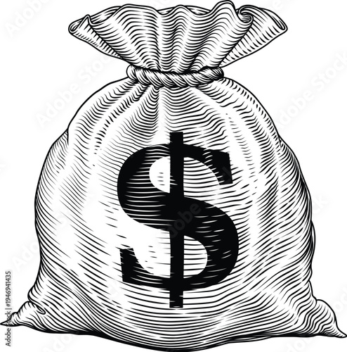 A money cash sack bag with a dollar sign symbol in a vintage woodcut style