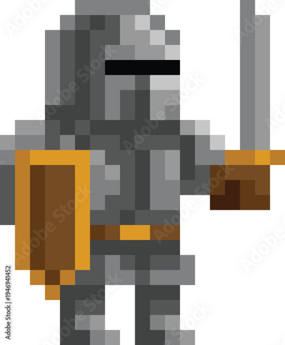 Knight warrior fantasy cartoon character in a video game sprite pixel art style. 19 squares wide by 23 high.