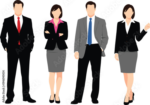 Professional business team vector illustration of diverse corporate office people standing in formal suits for career success and teamwork concept.