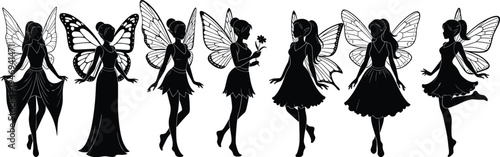 Beautiful fairy black silhouette set featuring magical forest nymphs with butterfly wings and graceful poses for fantasy tale and enchanted garden design.
