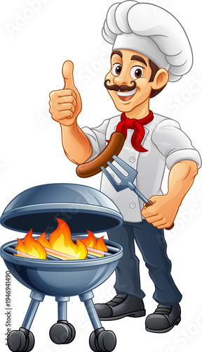 A chef cartoon barbecue cook out brazier cook man. Giving a thumbs up and holding a hotdog or grilled sausage on a BBQ fork mascot character illustration. 