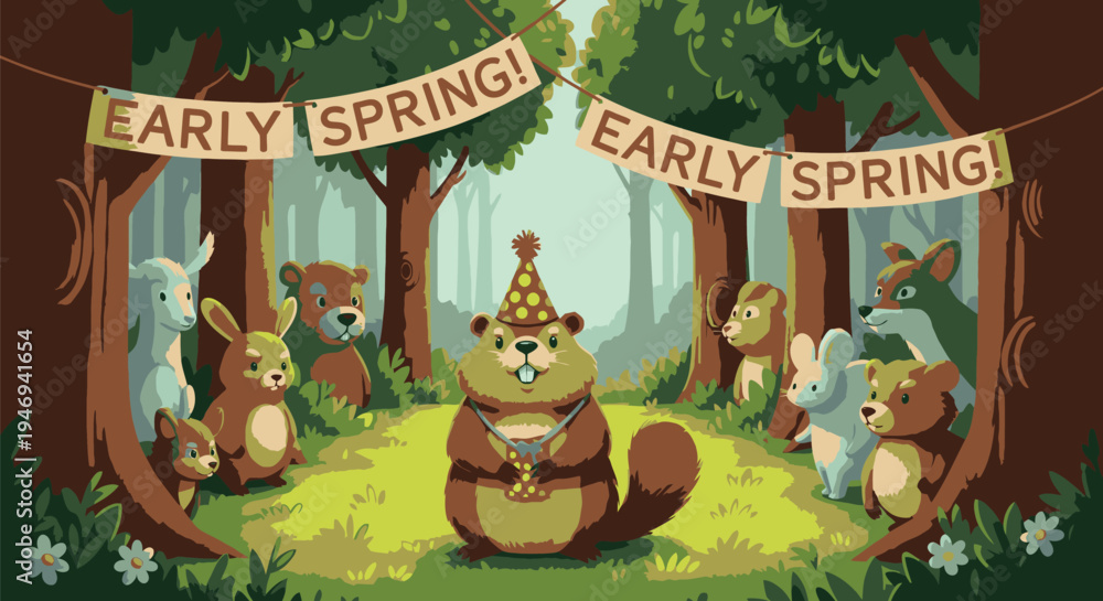 Obraz premium Cartoon Squirrel Celebrating Early Spring with Forest Friends.