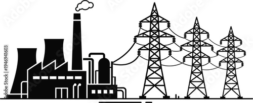 Modern Power Plant and Electricity Transmission Infrastructure Vector