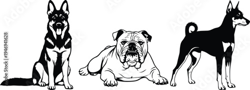 Black and white vector silhouette collection of diverse dog breeds including German Shepherd English Bulldog and Doberman Pinscher isolated on white background for pets design