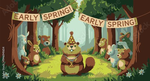 Cartoon Squirrel Celebrating Early Spring with Forest Friends.