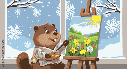 Beaver Painting Flowers on Easel by Window.