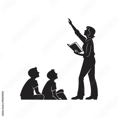 Teacher engaging students with an open book in hand while leading an interactive classroom discussion