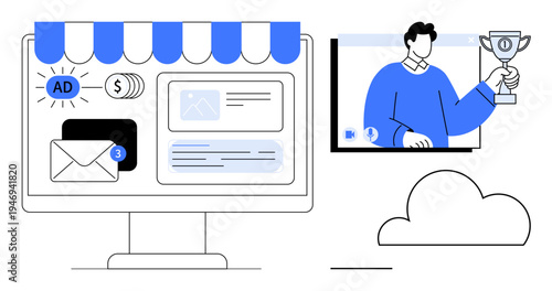 Desktop screen displaying online tools thumbs up storefront, email notification, advertising, and video presentation. Ideal for marketing, e-commerce, remote work, technology, digital strategy