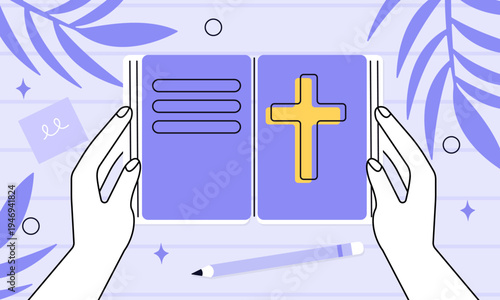 First-person perspective view of an open Bible. Hands holding the pages of the Holy Book. Concept of faith, seeking the truth. Christian vector background.