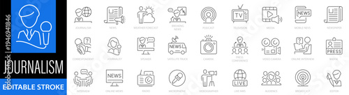 Journalism icon set. Mass media. News icons. Journalist, news, microphone, interview, reporter, podcast, newspaper, press conference. radio, media and more. Editable stroke. Vector illustration