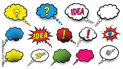Collection of Comic Style Thought Bubbles: Ideas, Questions, Exclamations, Eye, Sleep