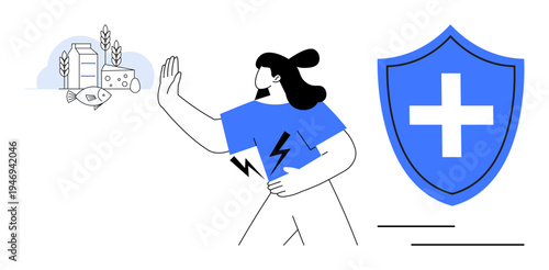 Allergy awareness, health protection, immune response, food sensitivity, wellness promotion, dietary care. Woman rejecting allergen foods with a shield symbol. Allergy awareness and health protection
