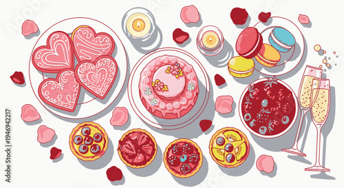 Romantic Dessert Table with Champagne and Macarons.