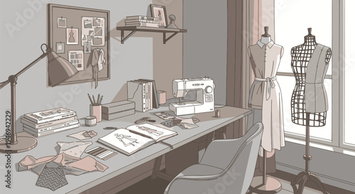 Fashion Designer Workspace with Mannequins and Sewing Machine.