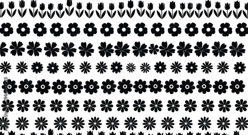 Black flower silhouette collection featuring various floral shapes tulips and blossoms in rows for spring nature garden pattern and decorative border design.