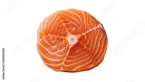 Isolated fresh raw salmon steak, vibrant orange fish meat, healthy omega-3 seafood ingredient