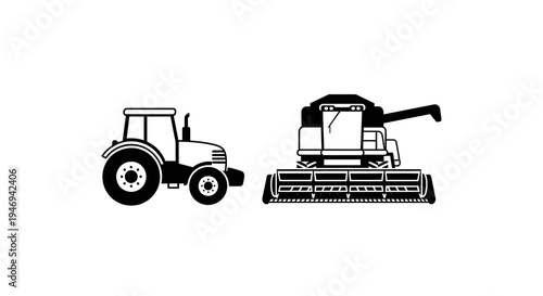 Tractor and combine harvester agricultural machinery vector icons
