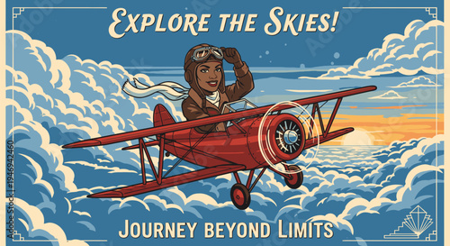 Vintage Style Bear Flying Red Biplane Through Clouds.