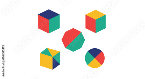 Colorful isometric cubes circle and octagon geometric shape set