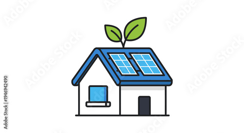 Eco-friendly house with solar panels and green leaves icon