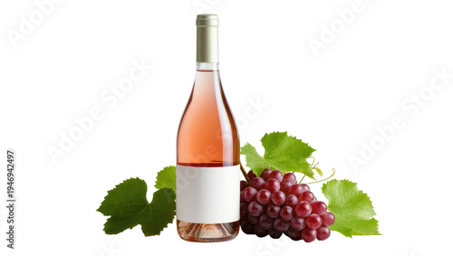 Isolated bottle of refreshing rosé wine with a blank label next to fresh red grapes and green leaves