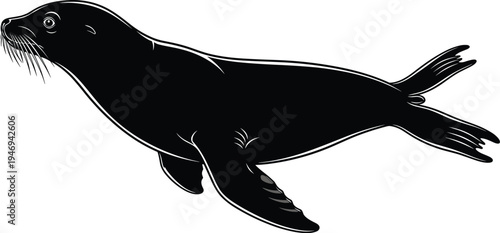 Sea lion silhouette vector illustration of a marine mammal swimming in the ocean isolated on white background for aquatic wildlife design.