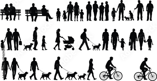 Black People Silhouette Collection Featuring Diverse Activities Including Walking Dogs Cycling Pushing Stroller Sitting On Bench And Families For Lifestyle Graphic Design Projects