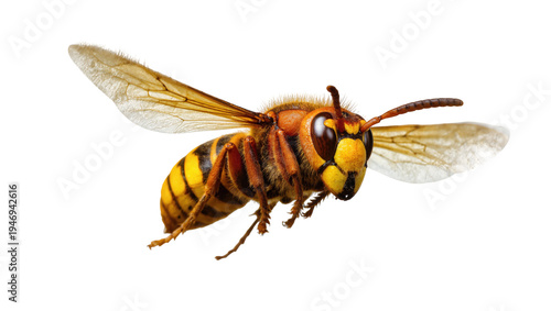 Isolated large hornet in flight, detailed macro shot of dangerous stinging insect