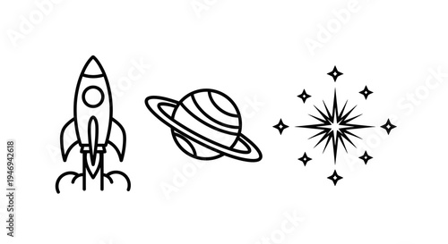 Space icon set with rocket ship planet and star line art