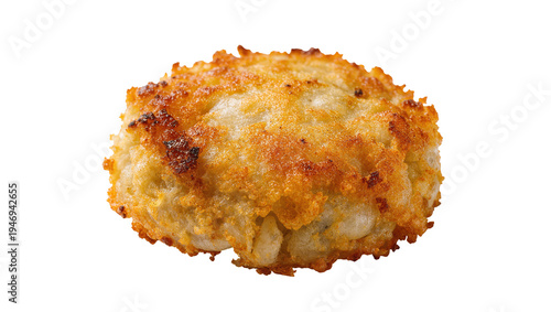Isolated crispy golden fried seafood patty appetizer, delicious traditional gourmet snack meal