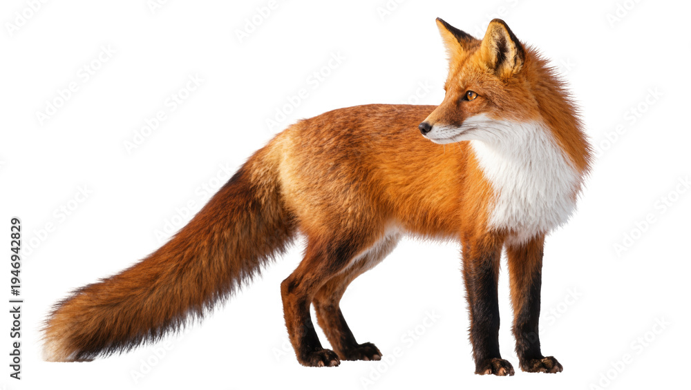 Fototapeta premium Isolated majestic red fox standing in profile, wild animal with rich orange fur
