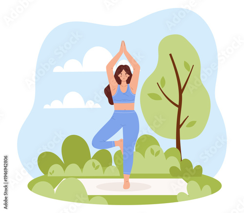 Young woman practicing yoga outdoors. Female in Tree pose or Vrikshasana on a mat in a park with trees and clouds. Nature and wellness lifestyle design element.