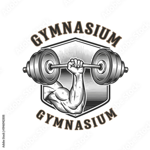Gymnasium Fitness Emblem with Flexing Bicep Arm Holding a Heavy Barbell