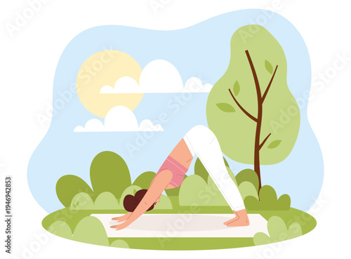 Young woman practicing yoga outdoors. Female in Downward Dog pose or Adho Mukha Svanasana on a mat in a park with trees, sun and clouds. Wellness lifestyle.