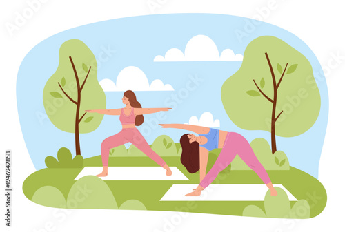 Two young women practicing yoga outdoors. Females in Warrior and Triangle poses on mats in a park with trees and clouds. Nature, friendship and wellness lifestyle.
