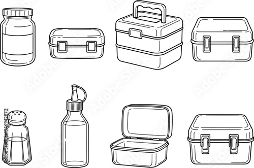 Black and white line collection of food containers and condiment bottles lunch box food storage
