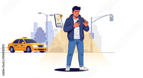 Man Holding Phone Near Taxi.