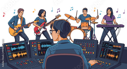 Music Production Team Working Together in Studio.