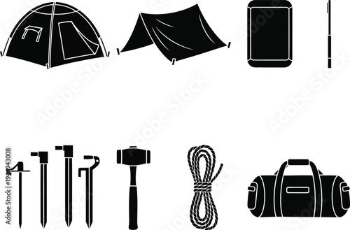 Black silhouette camping gear including tents stakes hammer rope and duffel bag