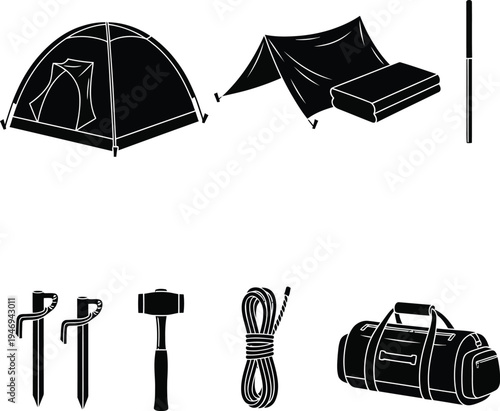 Black silhouette camping gear including tents mallet rope stakes and duffel bag
