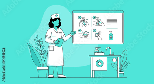Nurse Explaining Correct Handwashing Technique for Hygiene and Preventing Diseases Illustration