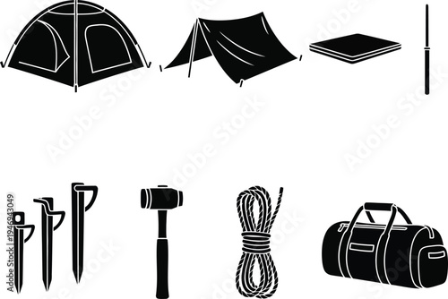 Black silhouette of camping gear including tents sleeping pad hammer rope and duffel bag