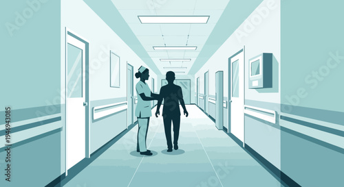 Nurse Supporting Patient While Walking Through Hospital Corridor Illustration