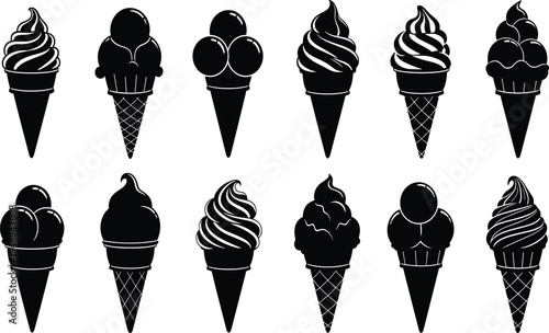 Black silhouette collection of various ice cream cones including soft serve and scooped swirls isolated on white background for summer dessert and food design